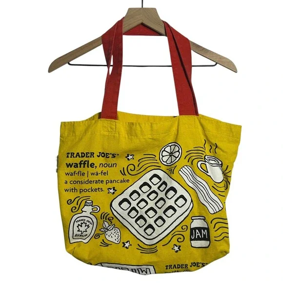 Trader Joe's Breakfast Toast Waffle Yellow Canvas Tote Bag Red Handles Grocery - Picture 2 of 10